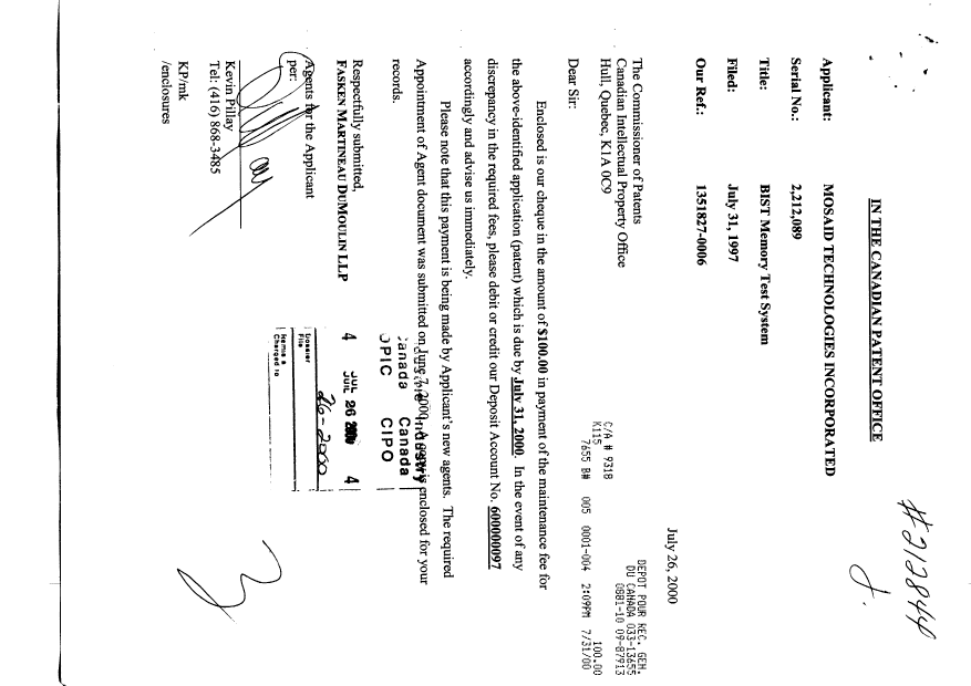 Document de brevet canadien 2212089. Taxes 20000726. Image 1 de 1