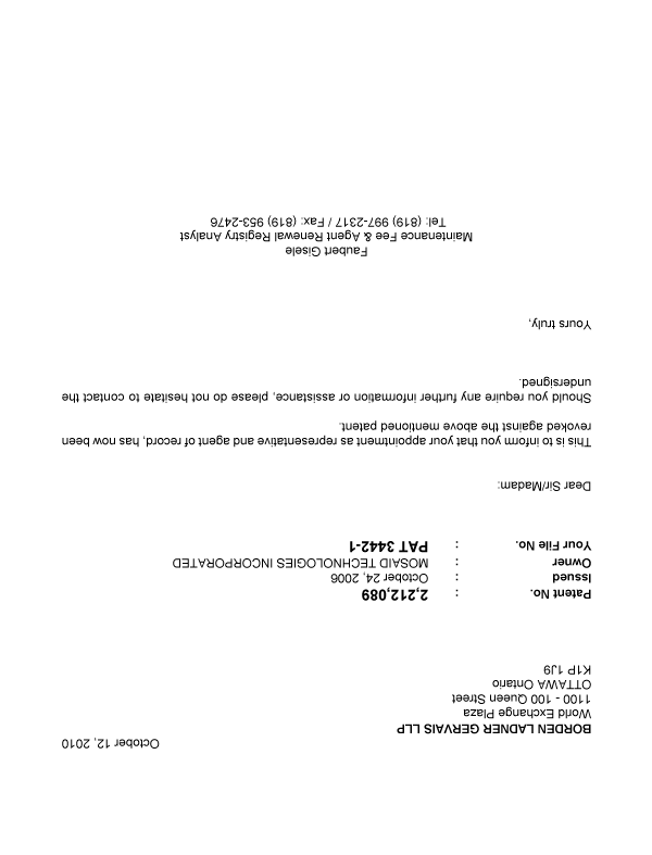 Canadian Patent Document 2212089. Correspondence 20101012. Image 1 of 1