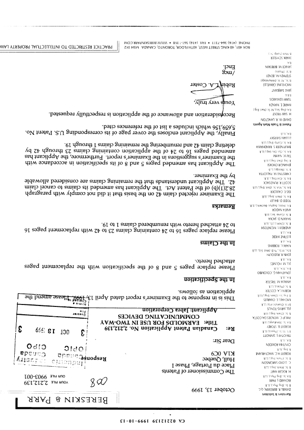 Canadian Patent Document 2212139. Prosecution-Amendment 19991013. Image 1 of 12