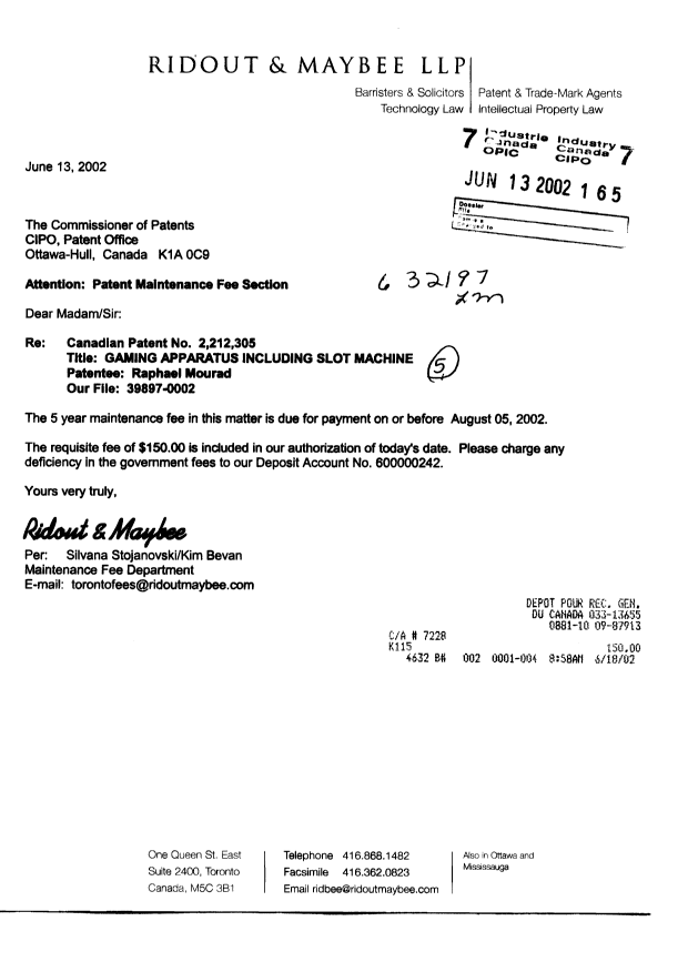 Document de brevet canadien 2212305. Taxes 20020613. Image 1 de 1