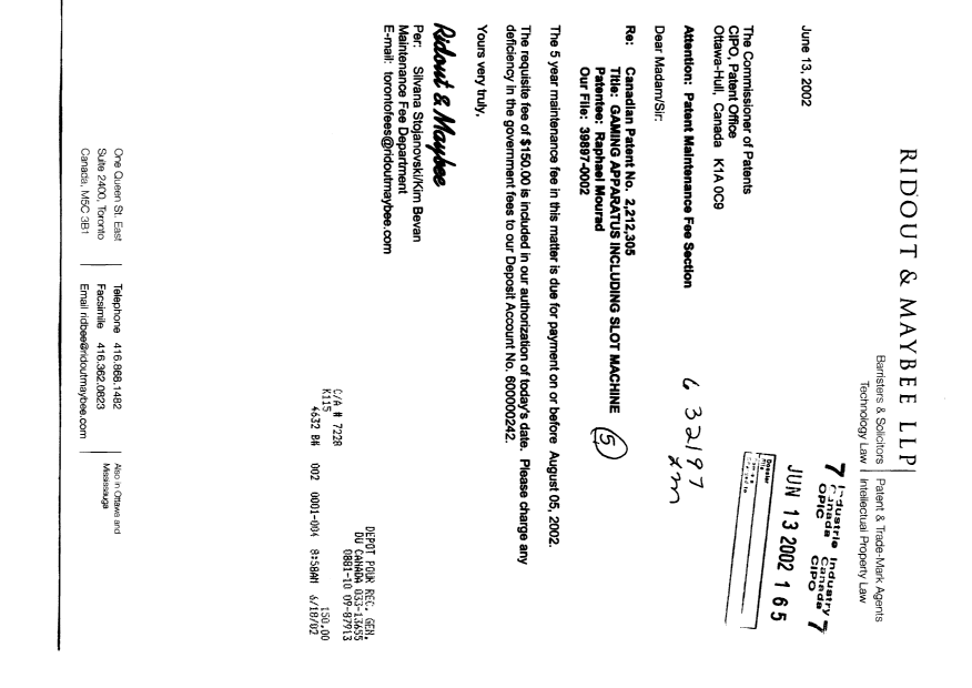 Canadian Patent Document 2212305. Fees 20020613. Image 1 of 1