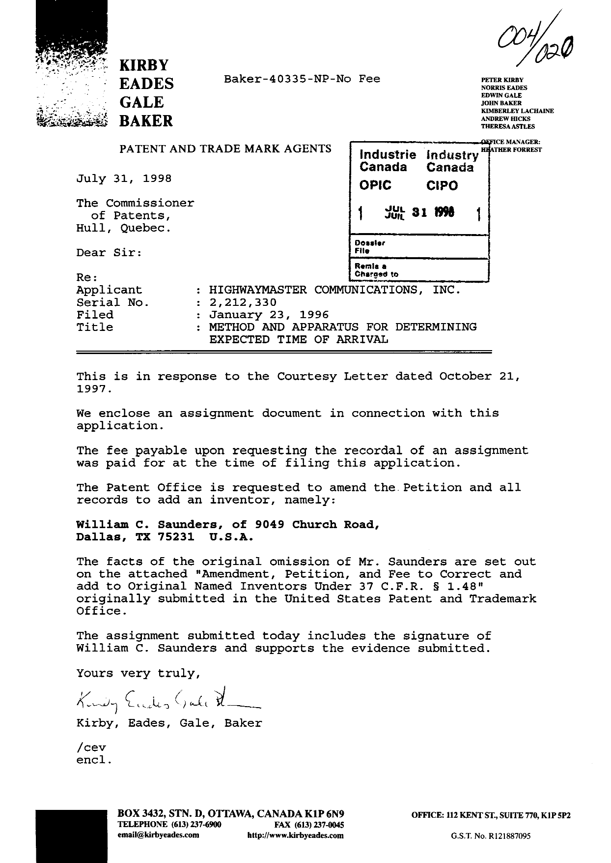 Canadian Patent Document 2212330. Assignment 19971231. Image 1 of 29