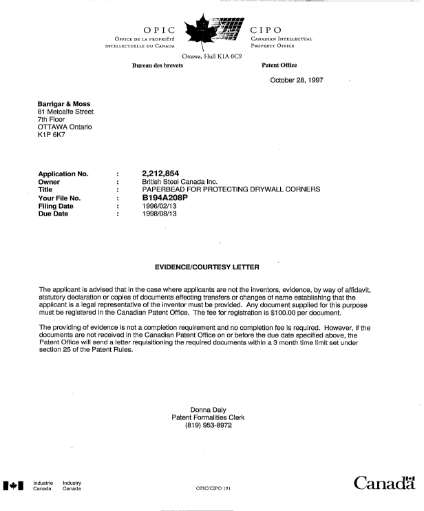 Document de brevet canadien 2212854. Correspondance 19971028. Image 1 de 1