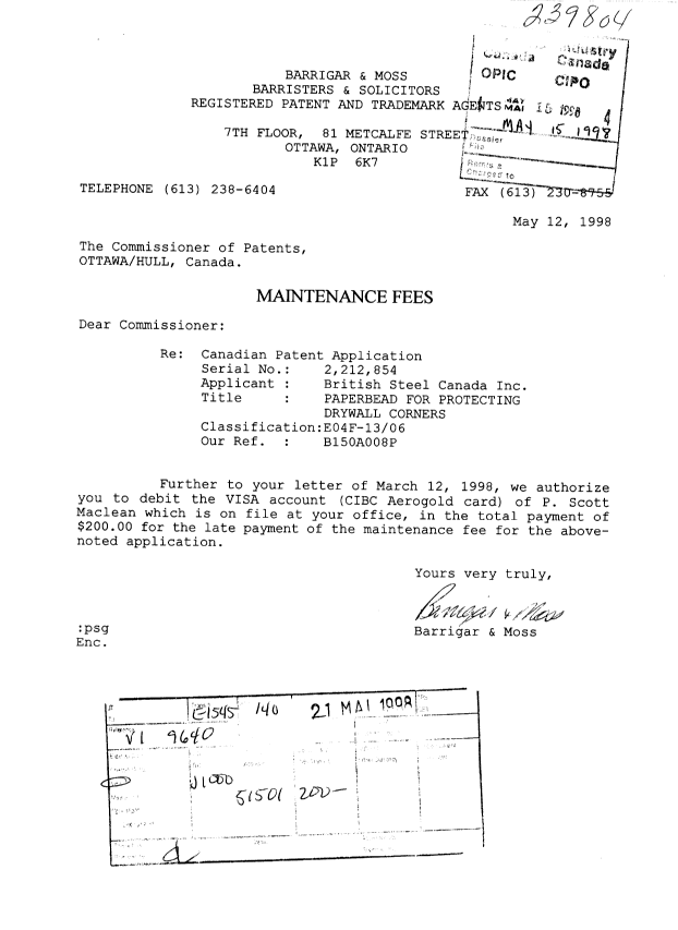 Document de brevet canadien 2212854. Taxes 19980515. Image 1 de 1