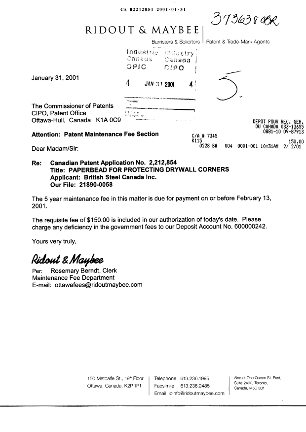 Document de brevet canadien 2212854. Taxes 20010131. Image 1 de 1