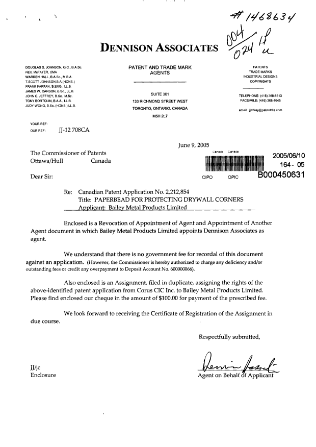 Document de brevet canadien 2212854. Cession 20050610. Image 1 de 6