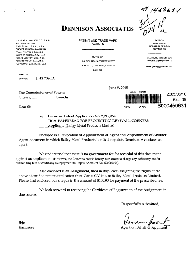 Document de brevet canadien 2212854. Correspondance 20050610. Image 1 de 2