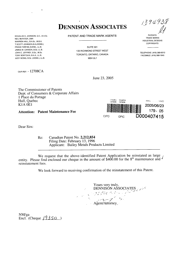 Document de brevet canadien 2212854. Taxes 20050623. Image 1 de 1