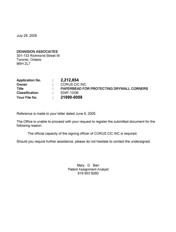 Document de brevet canadien 2212854. Correspondance 20050728. Image 1 de 1