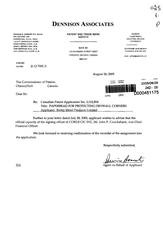 Document de brevet canadien 2212854. Cession 20050829. Image 1 de 1