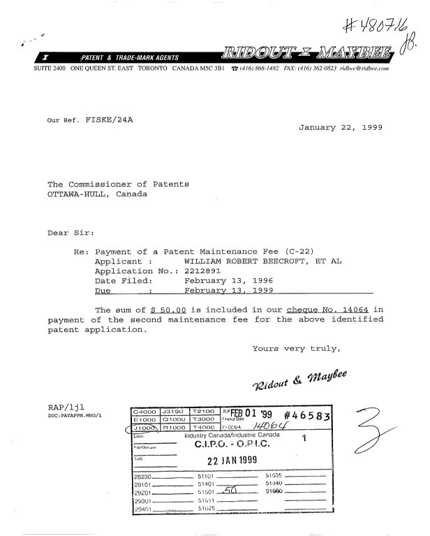 Canadian Patent Document 2212891. Fees 19990122. Image 1 of 1