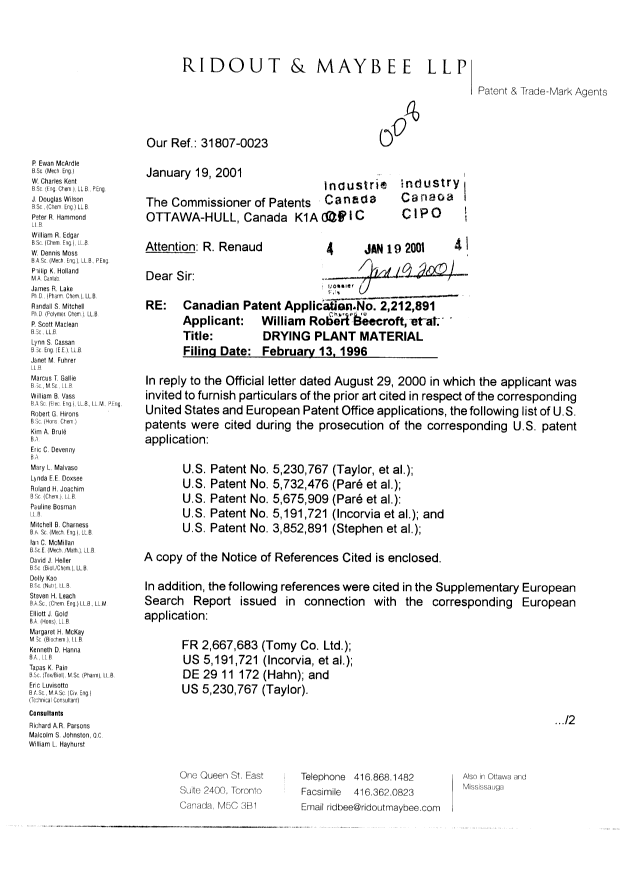 Canadian Patent Document 2212891. Prosecution-Amendment 20010119. Image 1 of 5
