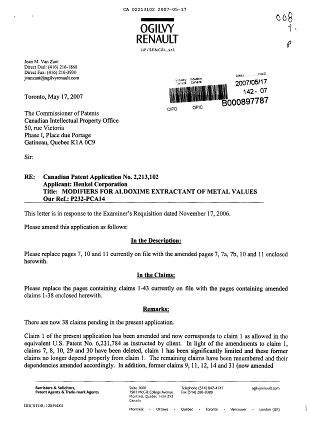 Document de brevet canadien 2213102. Poursuite-Amendment 20070517. Image 1 de 17