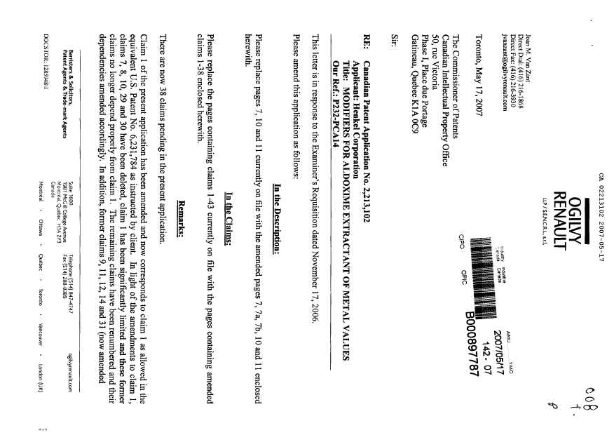 Canadian Patent Document 2213102. Prosecution-Amendment 20070517. Image 1 of 17
