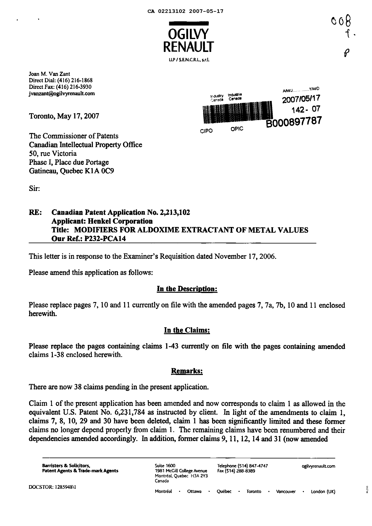 Canadian Patent Document 2213102. Prosecution-Amendment 20070517. Image 1 of 17