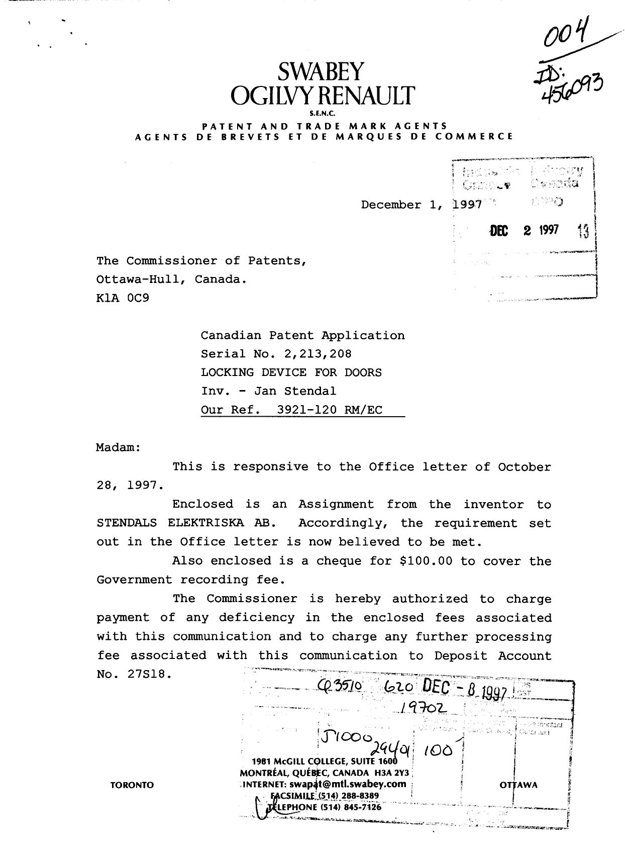 Document de brevet canadien 2213208. Cession 19971202. Image 1 de 3