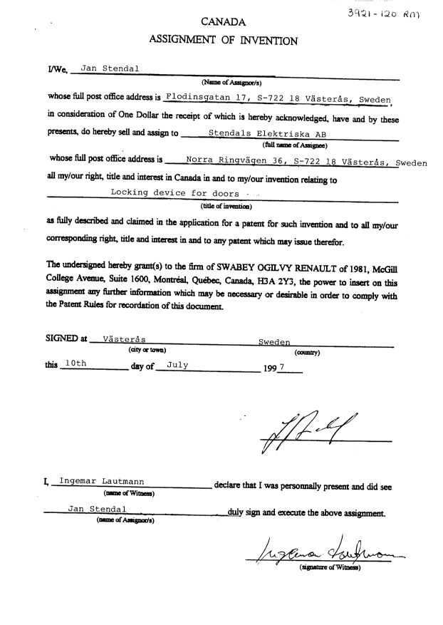 Document de brevet canadien 2213208. Cession 19971202. Image 3 de 3