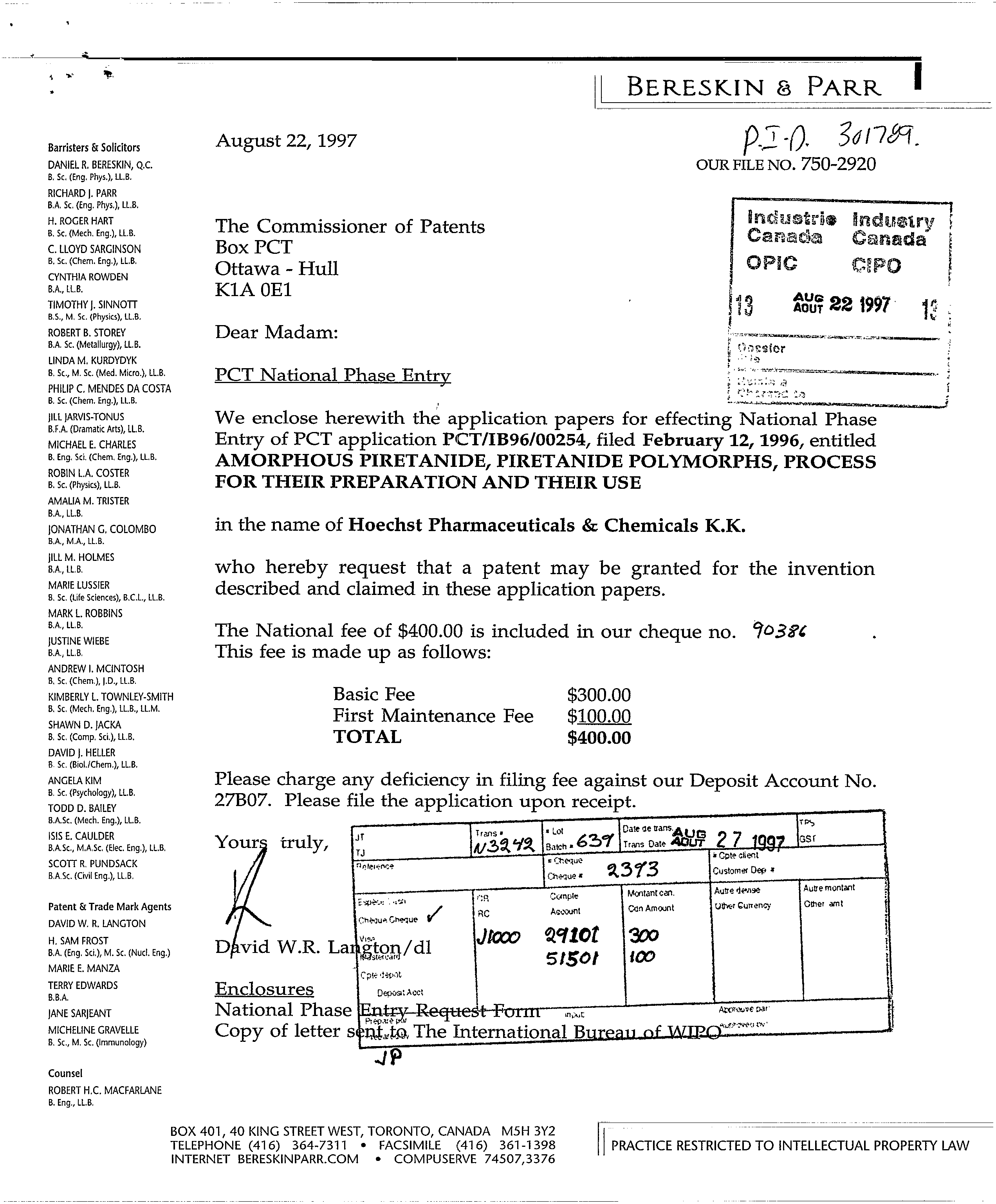Document de brevet canadien 2213693. Cession 19970822. Image 1 de 4