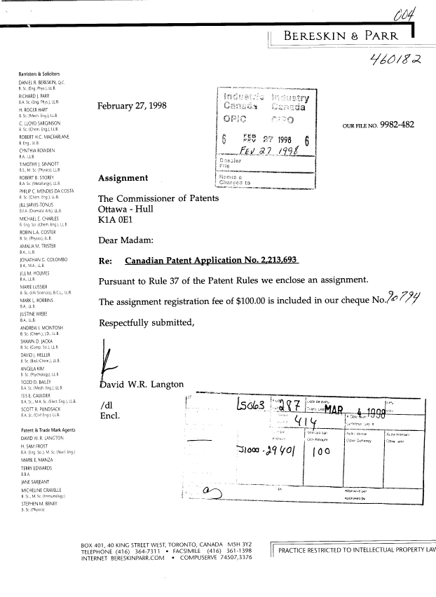 Document de brevet canadien 2213693. Cession 19980227. Image 1 de 2
