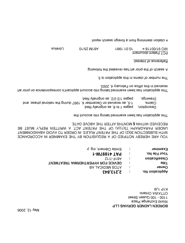 Canadian Patent Document 2213843. Prosecution-Amendment 20060512. Image 1 of 2