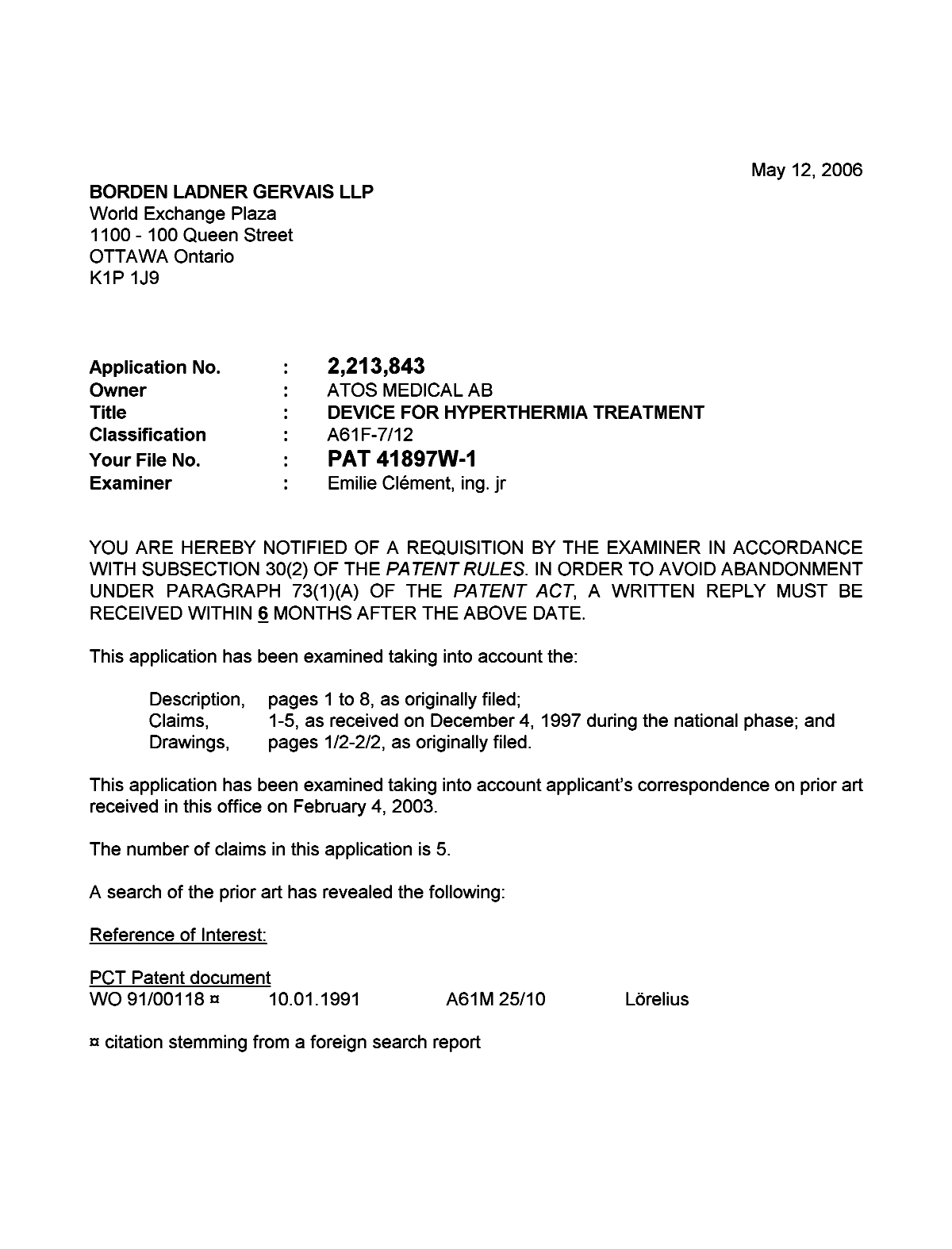 Document de brevet canadien 2213843. Poursuite-Amendment 20060512. Image 1 de 2