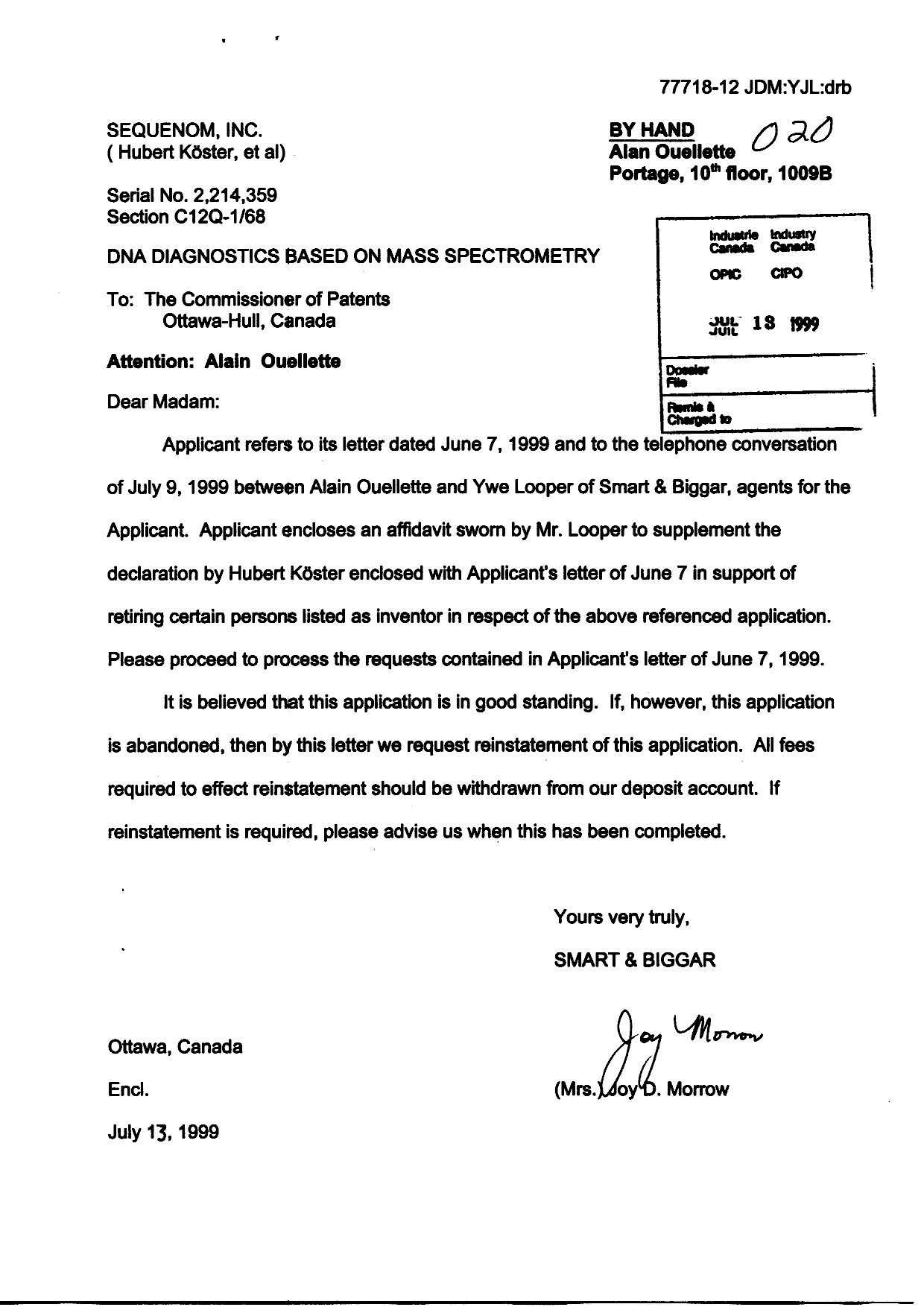Document de brevet canadien 2214359. Correspondance 19990713. Image 1 de 5