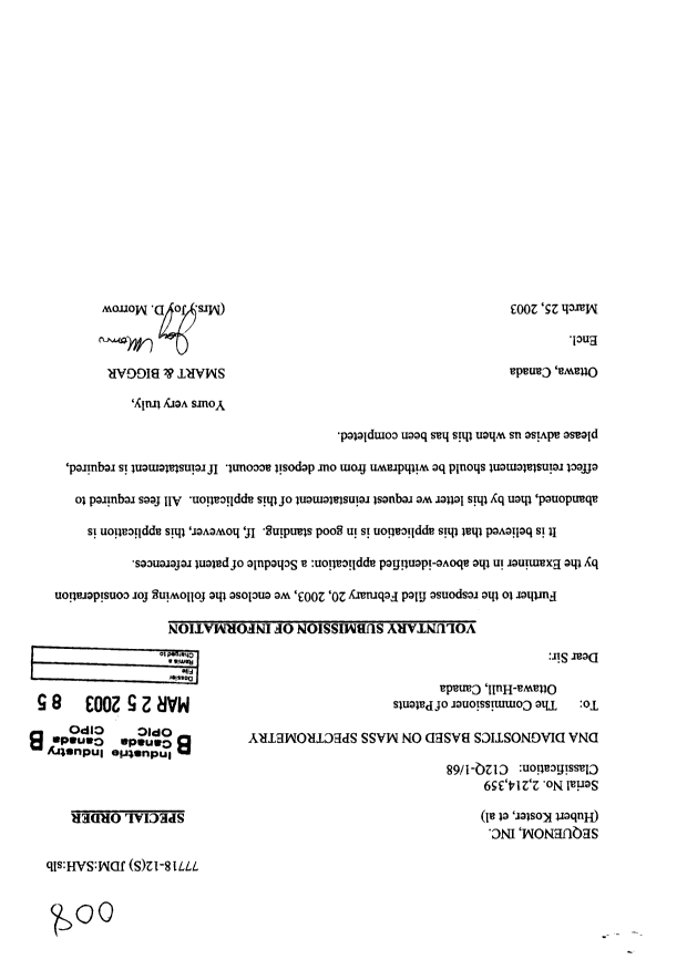 Canadian Patent Document 2214359. Prosecution-Amendment 20030325. Image 1 of 2