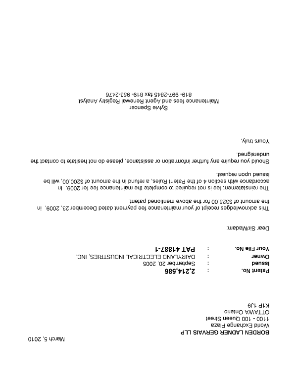 Canadian Patent Document 2214586. Correspondence 20100305. Image 1 of 1