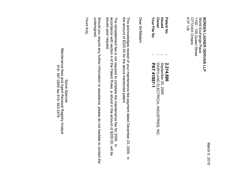 Document de brevet canadien 2214586. Correspondance 20100305. Image 1 de 1