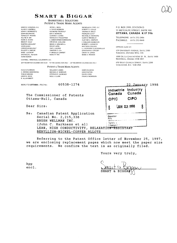 Document de brevet canadien 2215338. Correspondance 19980122. Image 1 de 34