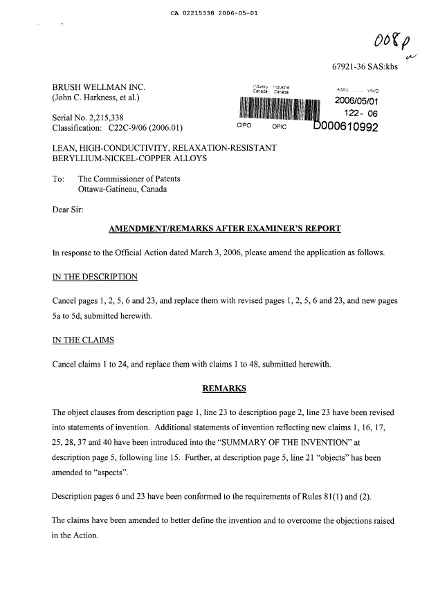 Document de brevet canadien 2215338. Poursuite-Amendment 20060501. Image 1 de 22