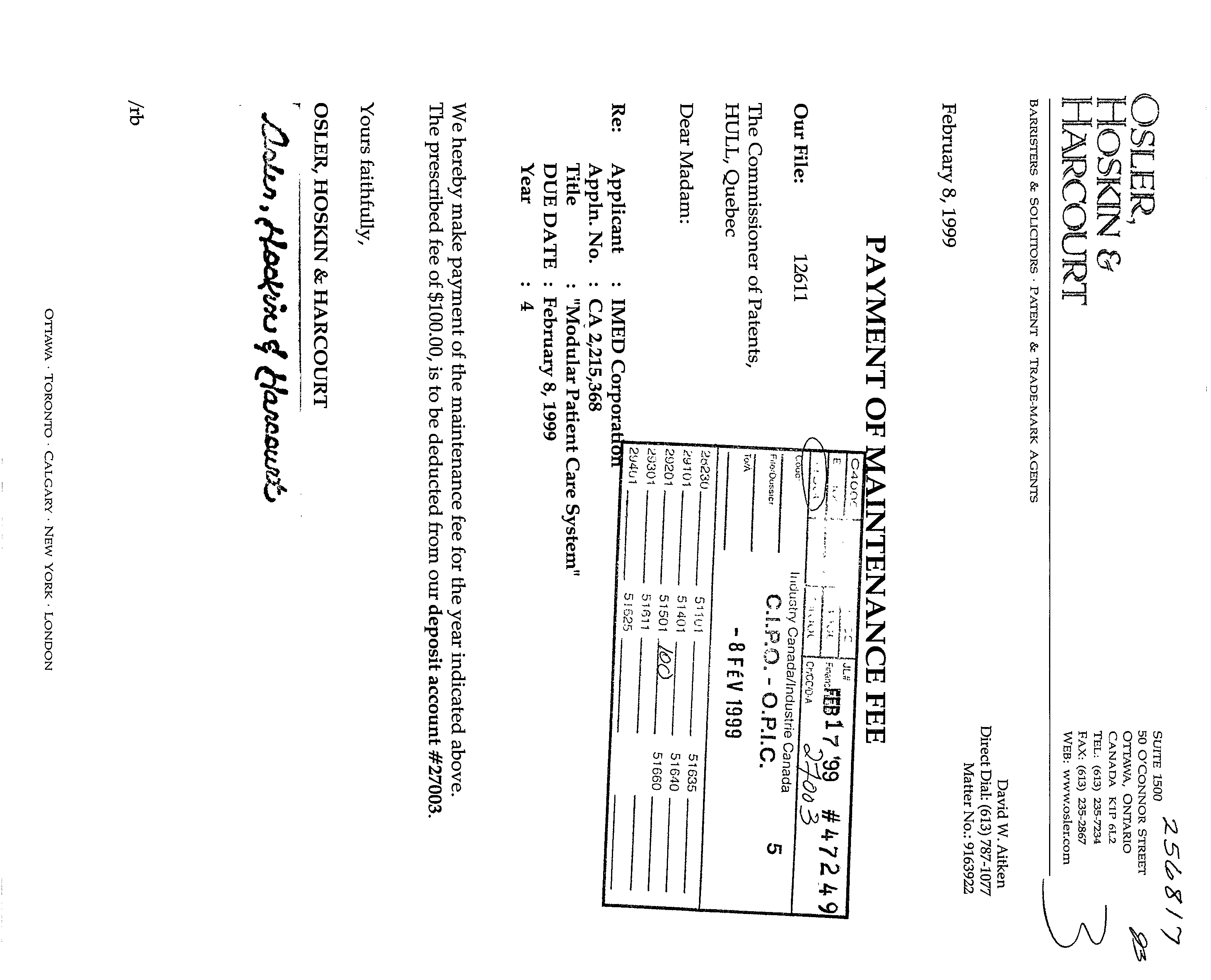 Canadian Patent Document 2215368. Fees 19990208. Image 1 of 1