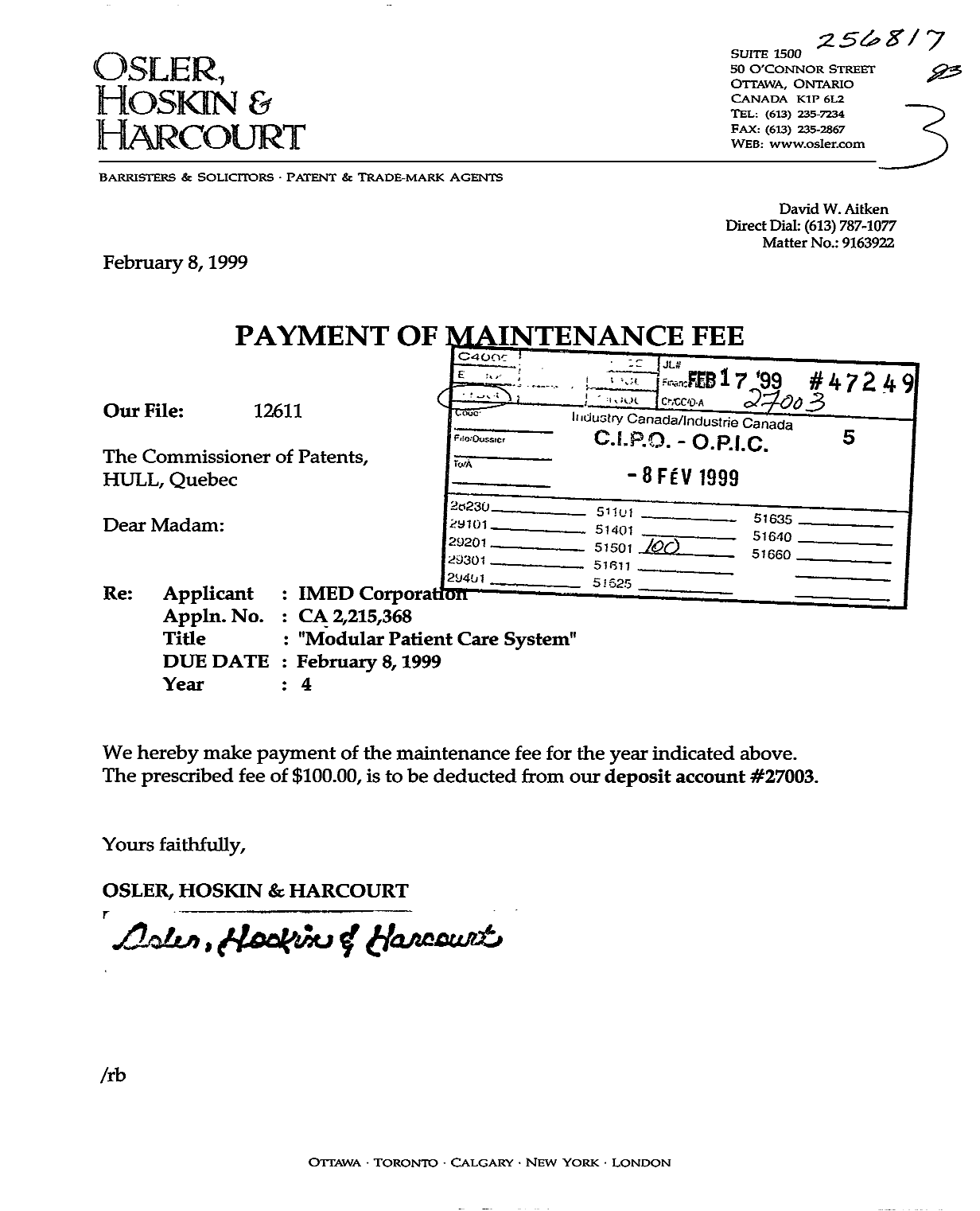 Document de brevet canadien 2215368. Taxes 19990208. Image 1 de 1