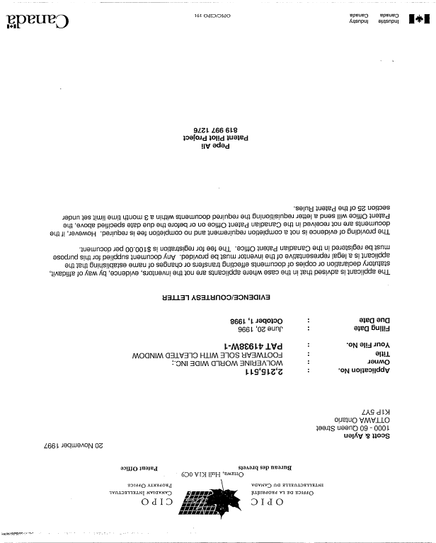 Canadian Patent Document 2215511. Correspondence 19971120. Image 1 of 1