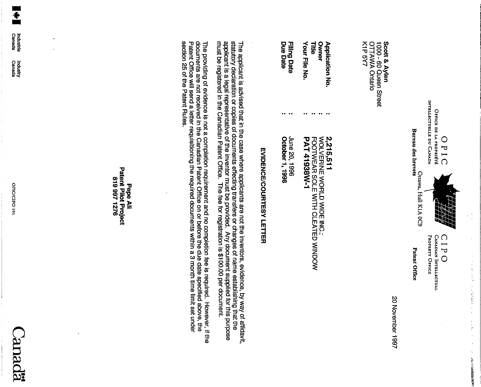 Canadian Patent Document 2215511. Correspondence 19971120. Image 1 of 1