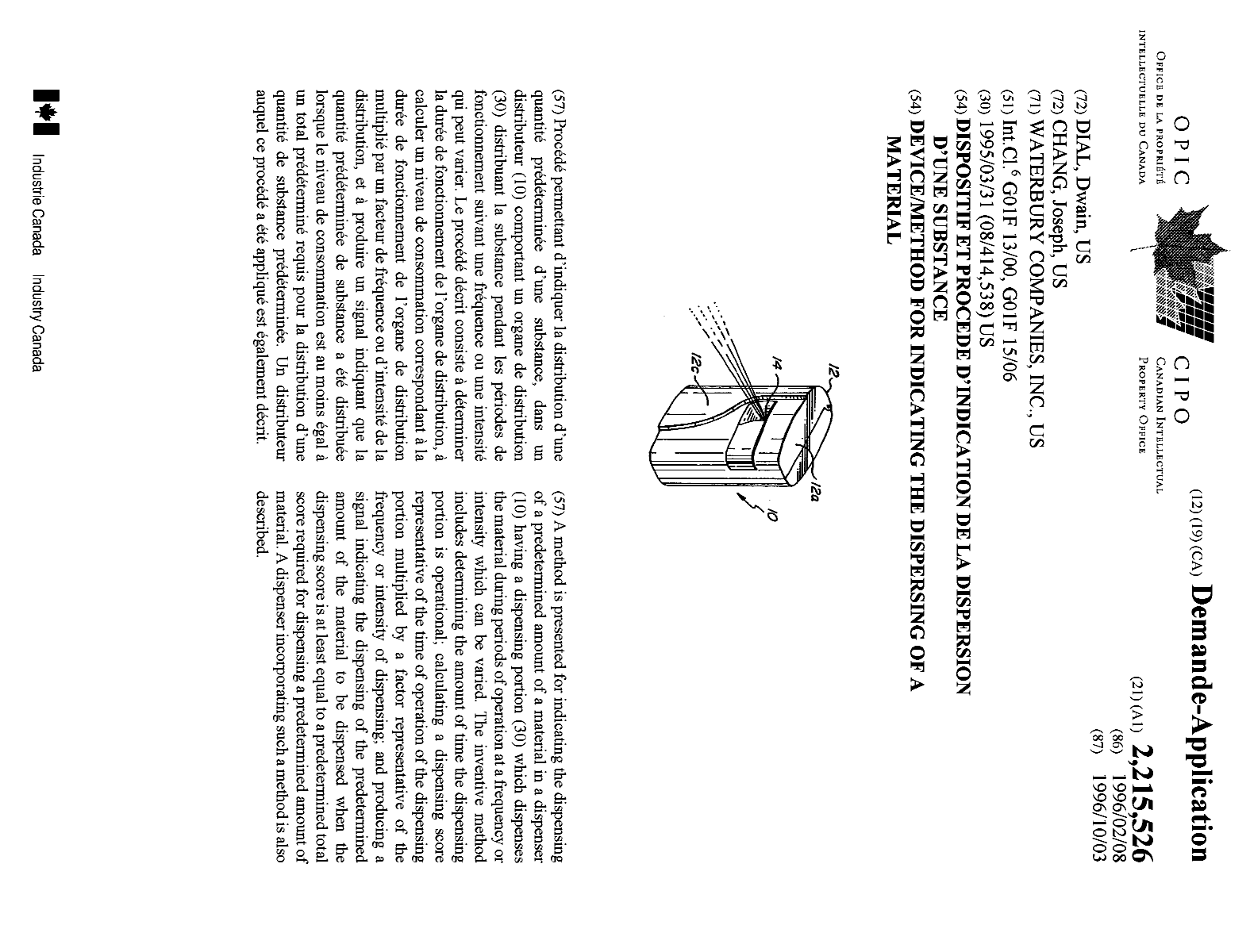 Canadian Patent Document 2215526. Cover Page 19971230. Image 1 of 1