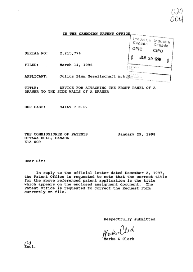 Document de brevet canadien 2215774. Correspondance 19980129. Image 1 de 1
