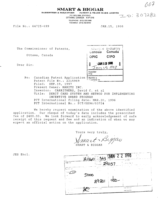 Canadian Patent Document 2215969. Prosecution-Amendment 19980115. Image 1 of 1