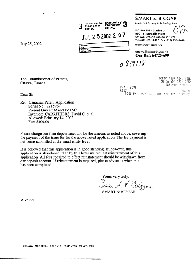 Document de brevet canadien 2215969. Correspondance 20020725. Image 1 de 1