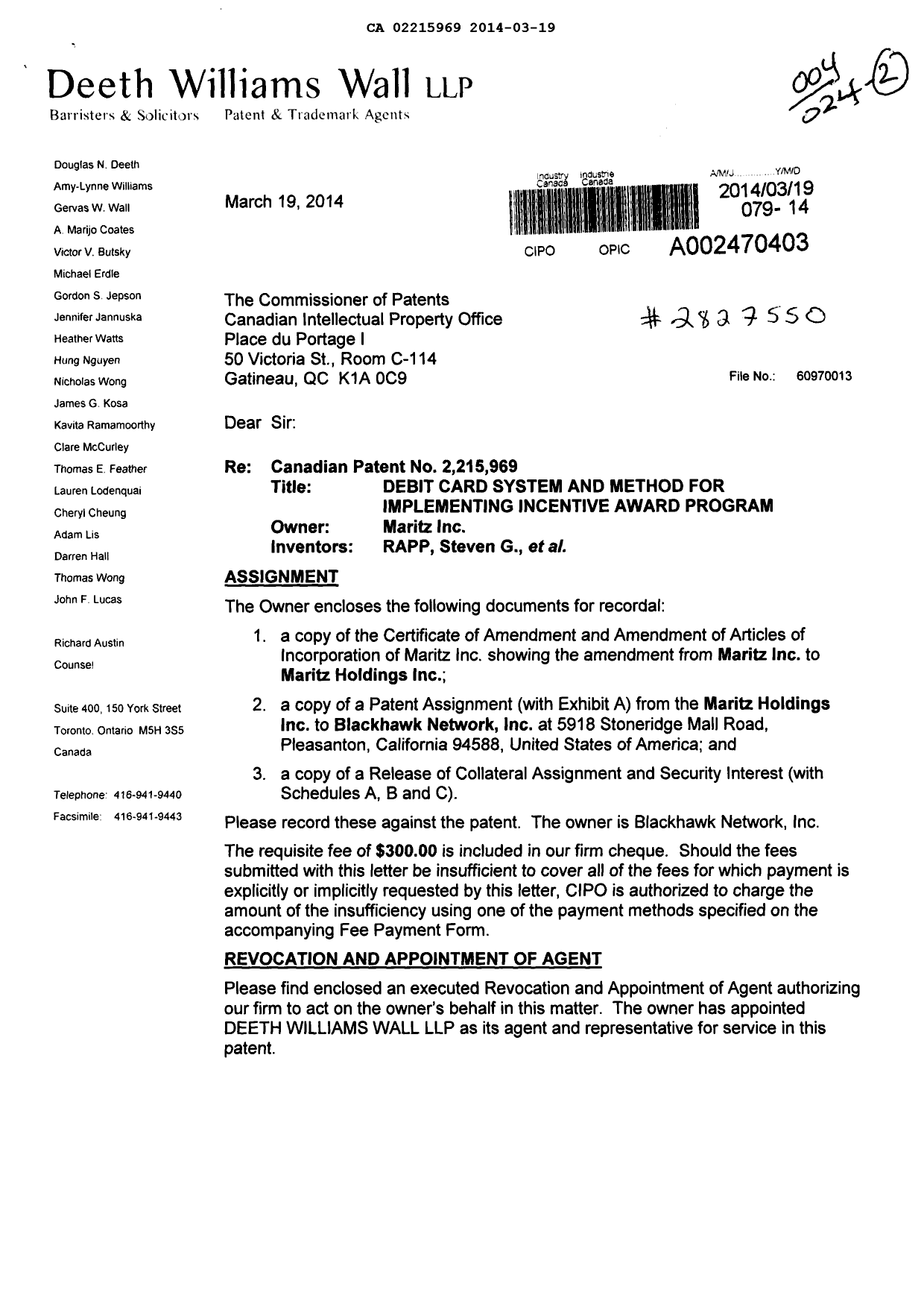 Canadian Patent Document 2215969. Prosecution-Amendment 20140319. Image 1 of 15