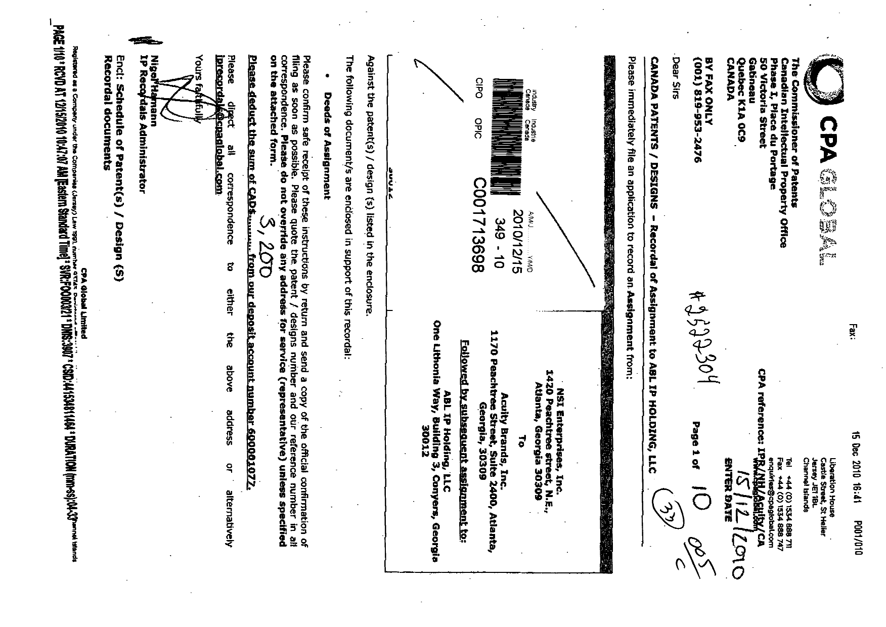 Document de brevet canadien 2216025. Cession 20101215. Image 1 de 10