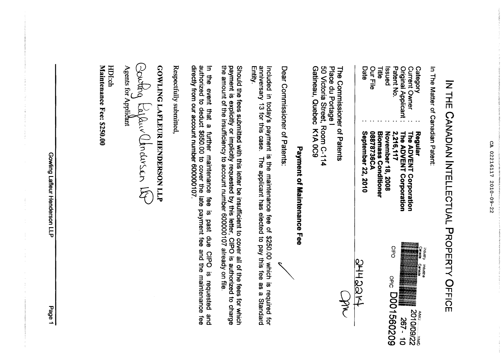 Document de brevet canadien 2216117. Taxes 20100922. Image 1 de 1