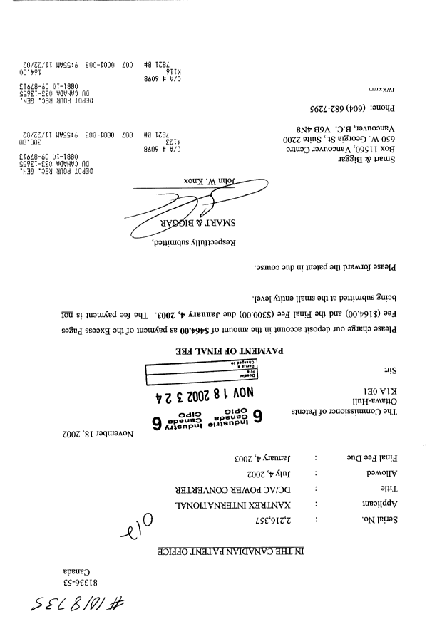 Canadian Patent Document 2216357. Correspondence 20021118. Image 1 of 1