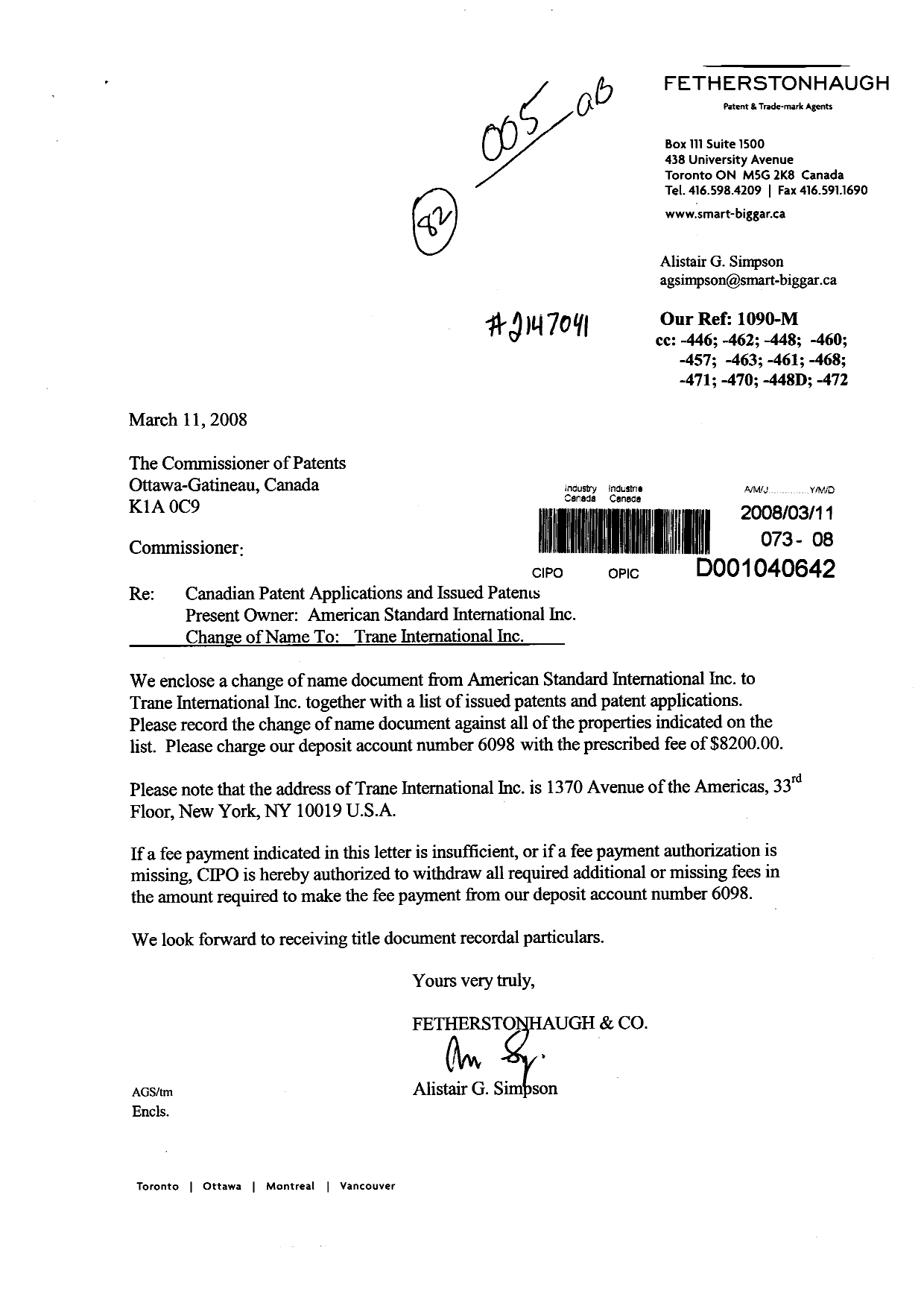 Document de brevet canadien 2216429. Cession 20080311. Image 1 de 8
