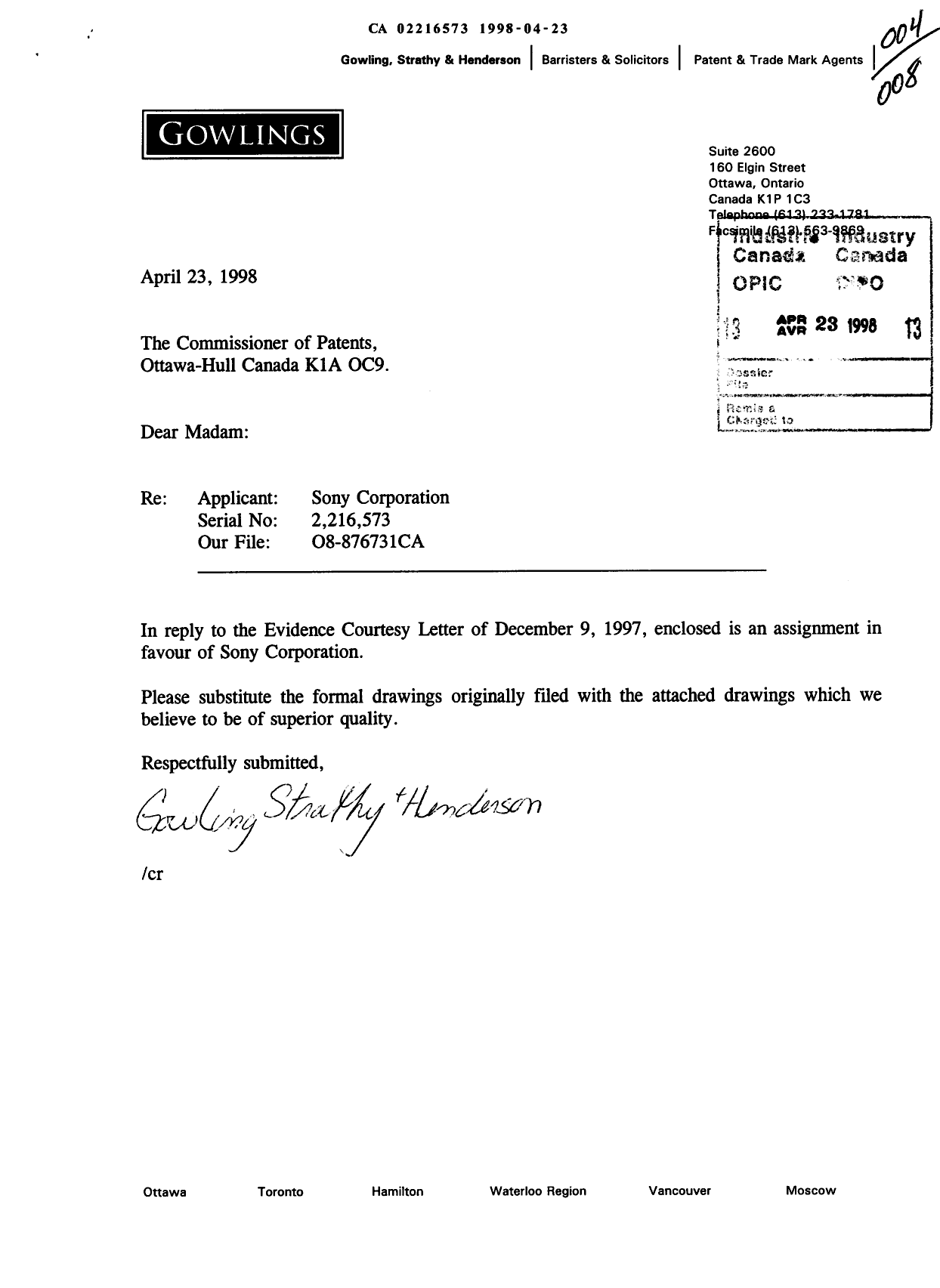 Document de brevet canadien 2216573. Poursuite-Amendment 19980423. Image 1 de 9