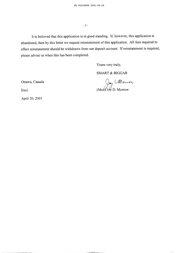 Document de brevet canadien 2216645. Poursuite-Amendment 20010420. Image 2 de 10