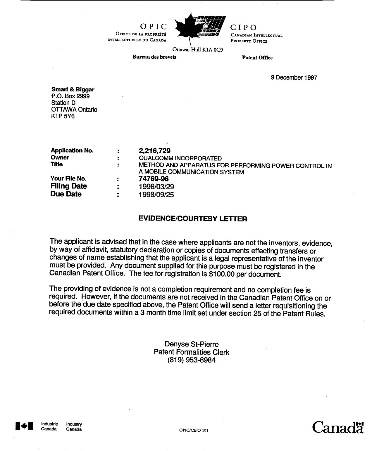 Document de brevet canadien 2216729. Correspondance 19971209. Image 1 de 1
