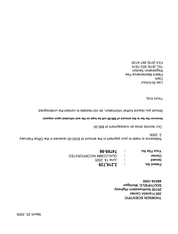 Canadian Patent Document 2216729. Correspondence 20090325. Image 1 of 2