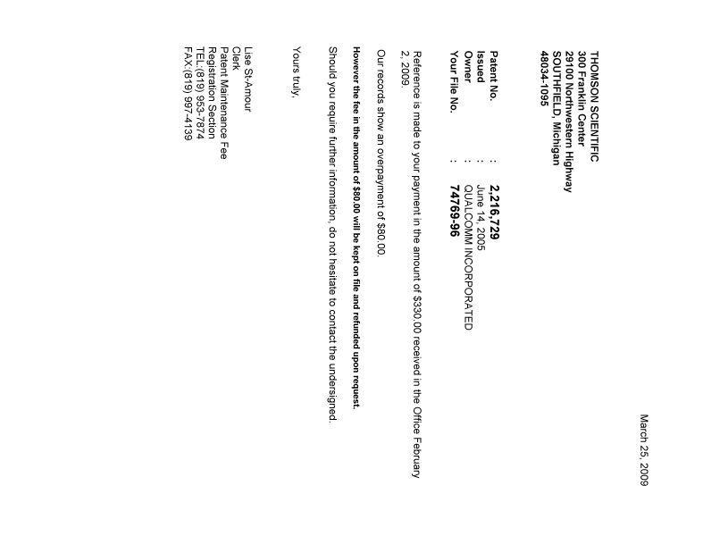 Document de brevet canadien 2216729. Correspondance 20090325. Image 1 de 2