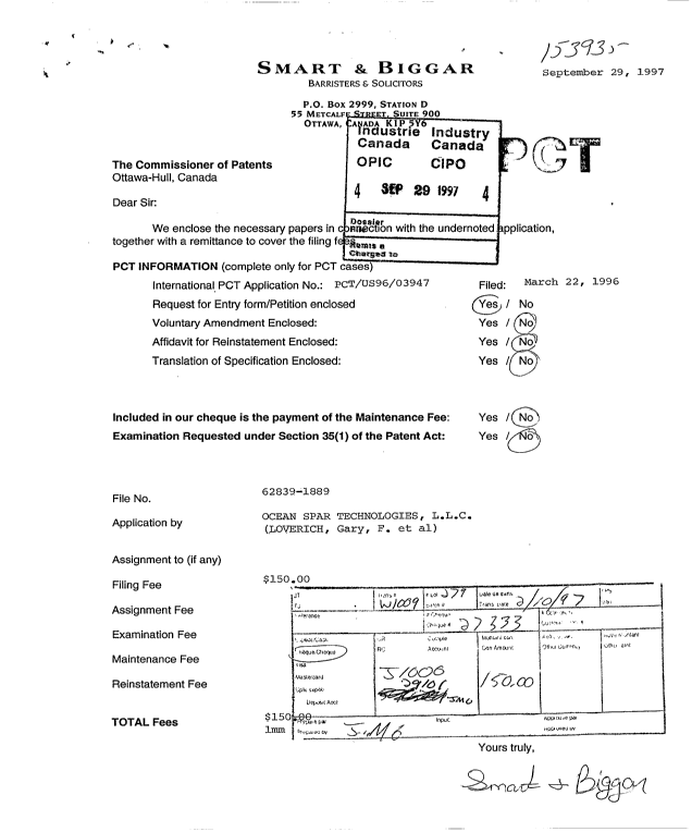 Document de brevet canadien 2216754. Cession 19970929. Image 1 de 4